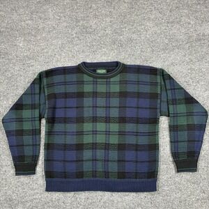 Vintage 90s Hunt Club Mens Large Plaid Crewneck Sweater Green Blue Cotton Blend